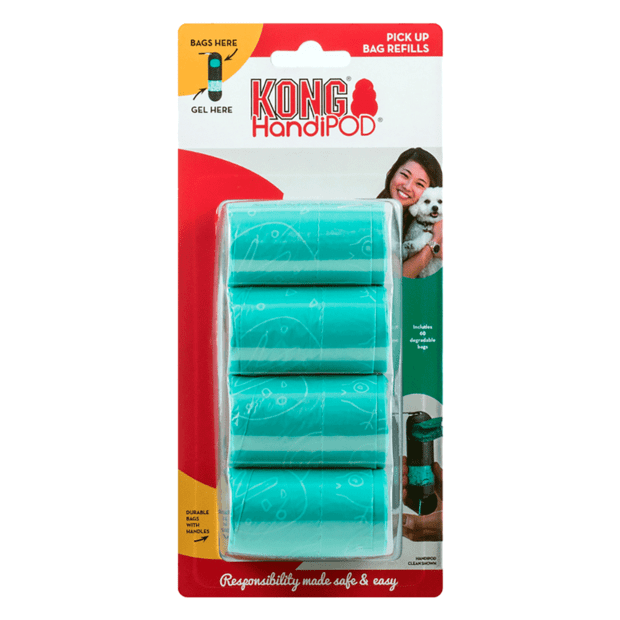 A pack of KONG HandiPOD biodegradable poop bags with handles in a red and green design, labeled as containing 60 bags per roll, with a total of 240 bags for the package.