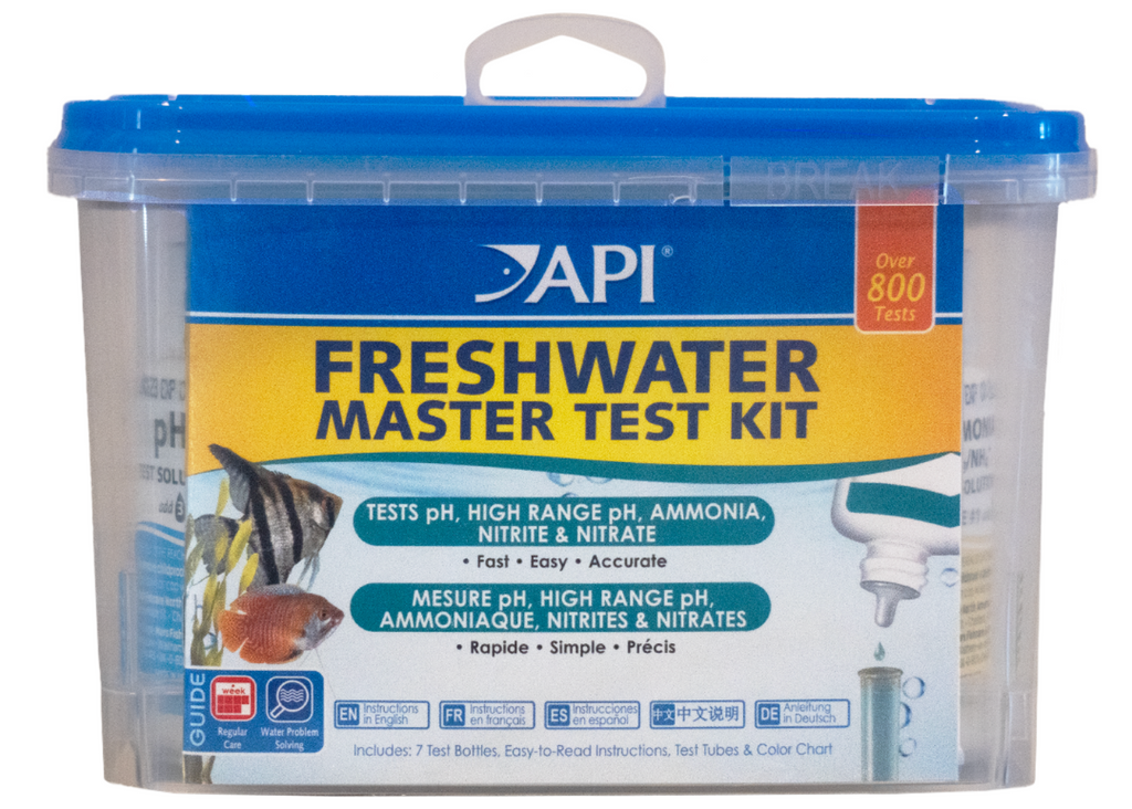 API Freshwater Master Test Kit in storage tub for testing pH, ammonia, nitrite and nitrate