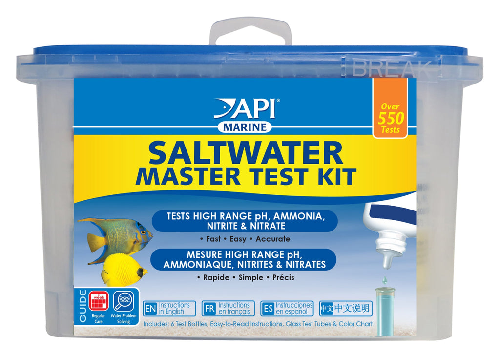 API Saltwater Master Test Kit in storage tub for testing pH, ammonia, nitrite and nitrate