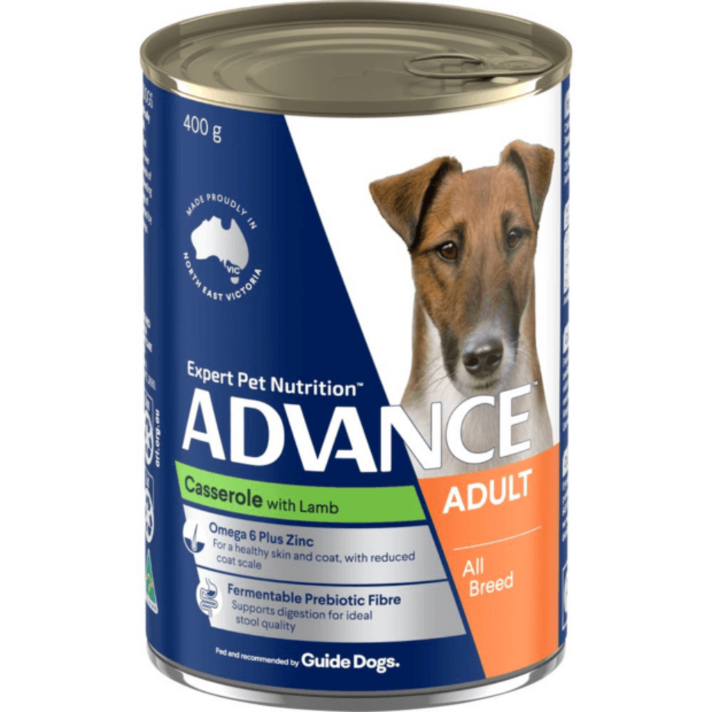 Advance Dog All Breed Lamb Casserole wet food can – Australian-made complete balanced wet dog food available in 400g and 12x400g multipack