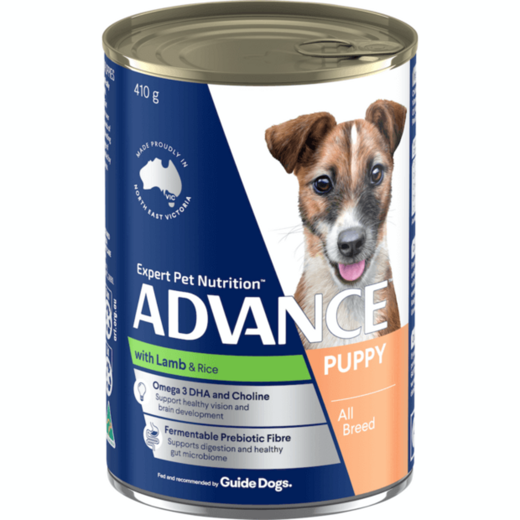 Advance Puppy Lamb and Rice wet food can – Australian-made complete balanced wet puppy food for all breeds in 410g and 12x410g multipack