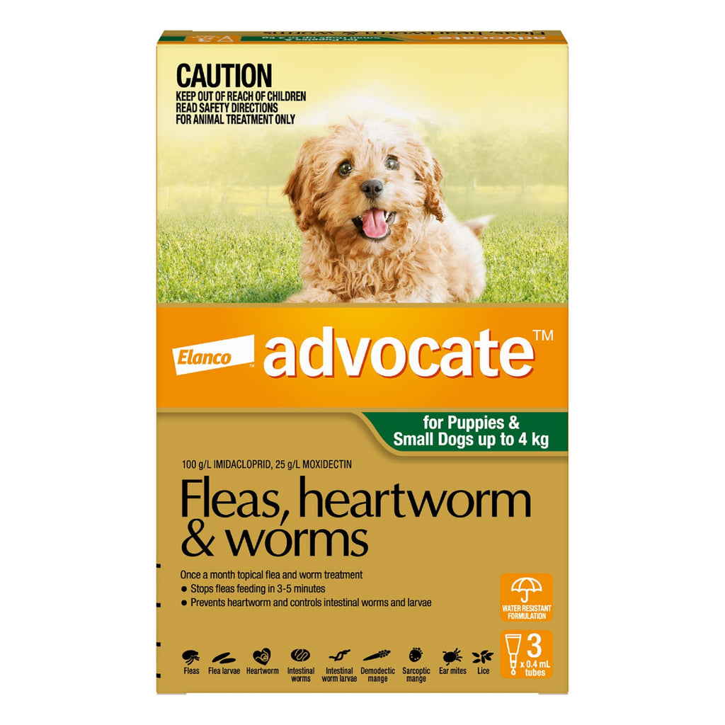 Advocate Dog Up to 4kg Green monthly spot-on broad-spectrum parasite treatment for small dogs and puppies – 3 pack covering fleas heartworm worms mange and lice