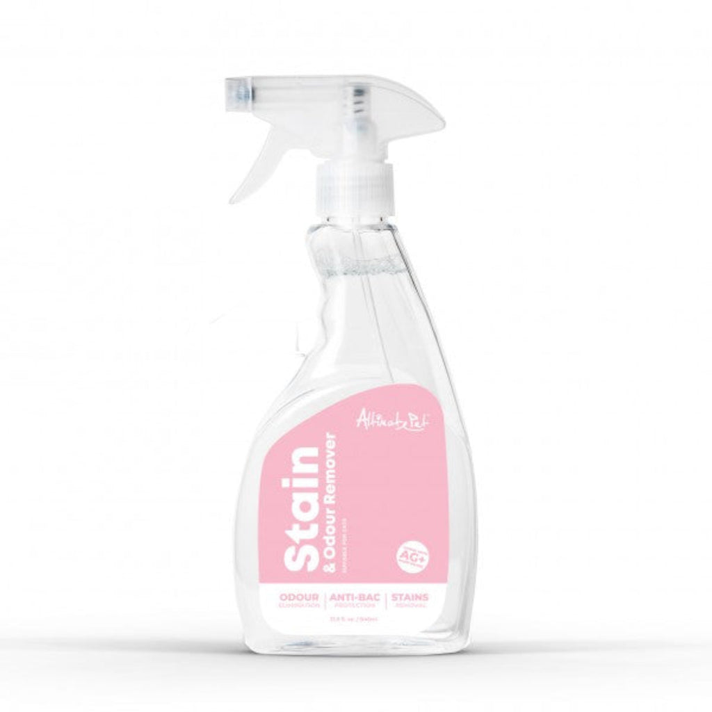 Altimate Pet Stain and Odour Remover for cats in a pink and white trigger spray bottle