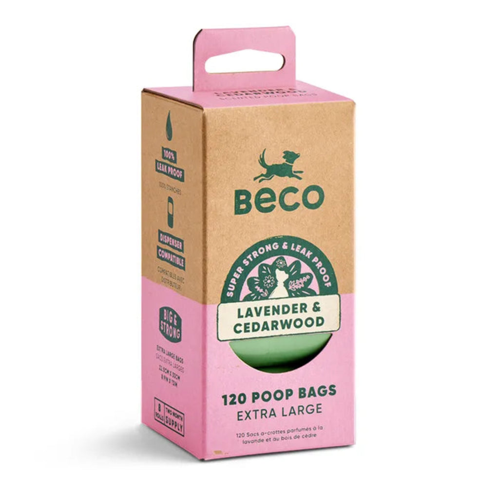 Beco Lavender and Cedarwood Scented Poop Bags 120 pack no handles – extra thick extra large leak-proof recycled plastic dog waste bags