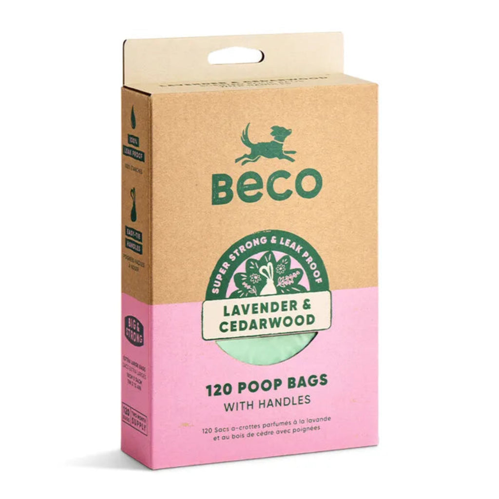 Beco Lavender and Cedarwood Scented Poop Bags with Handles 120 pack – extra thick leak-proof recycled plastic dog waste bags