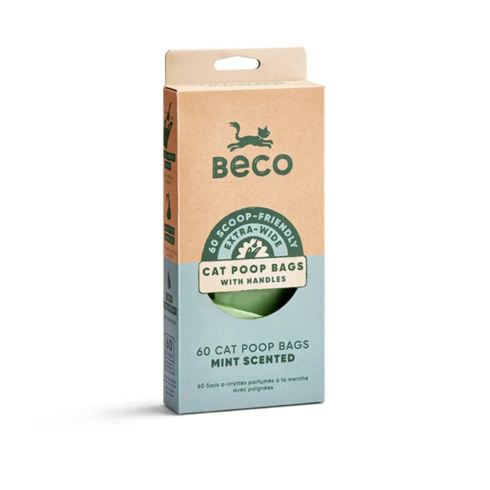 Beco Mint Scented Cat Poop Bags with Handles 60 pack – extra-wide leak-proof litter scoop bags made from 94% recycled plastic