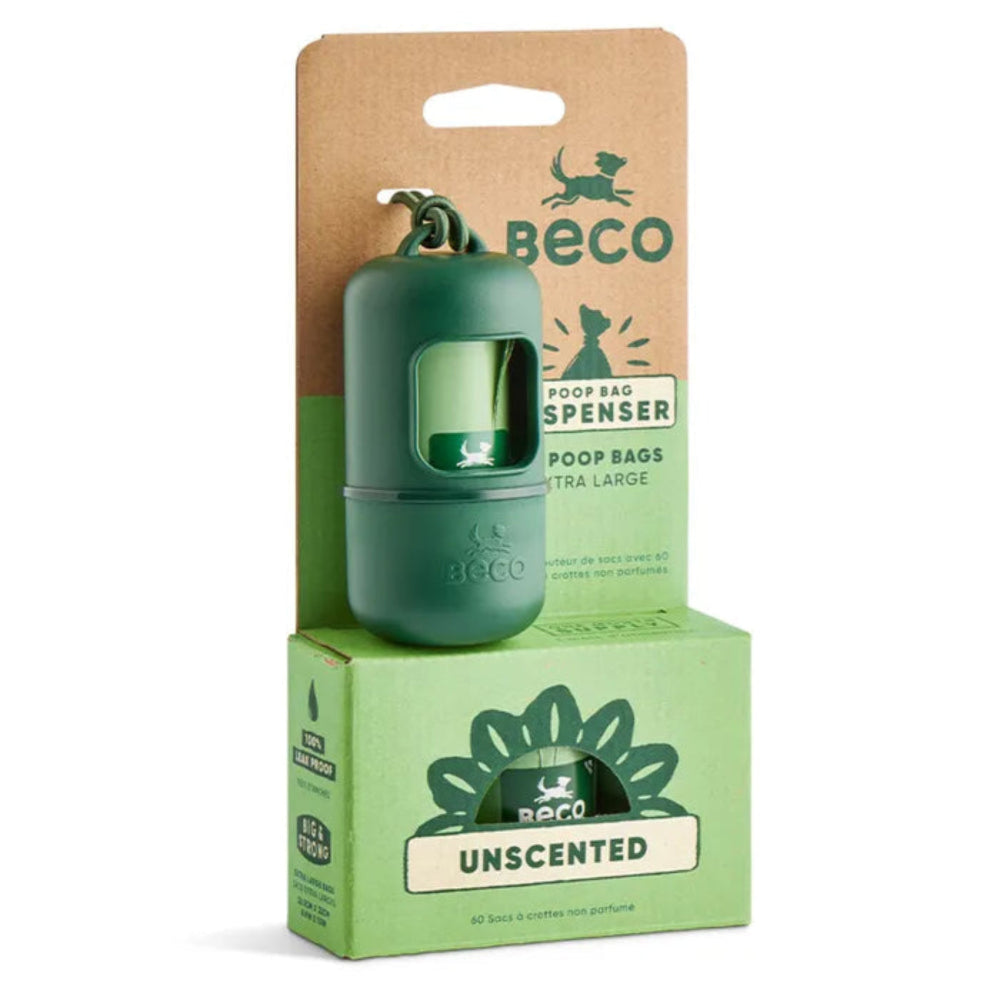 Beco Poop Bag Starter Pack with 60 unscented poop bags on rolls and recycled plastic dispenser for dog walks