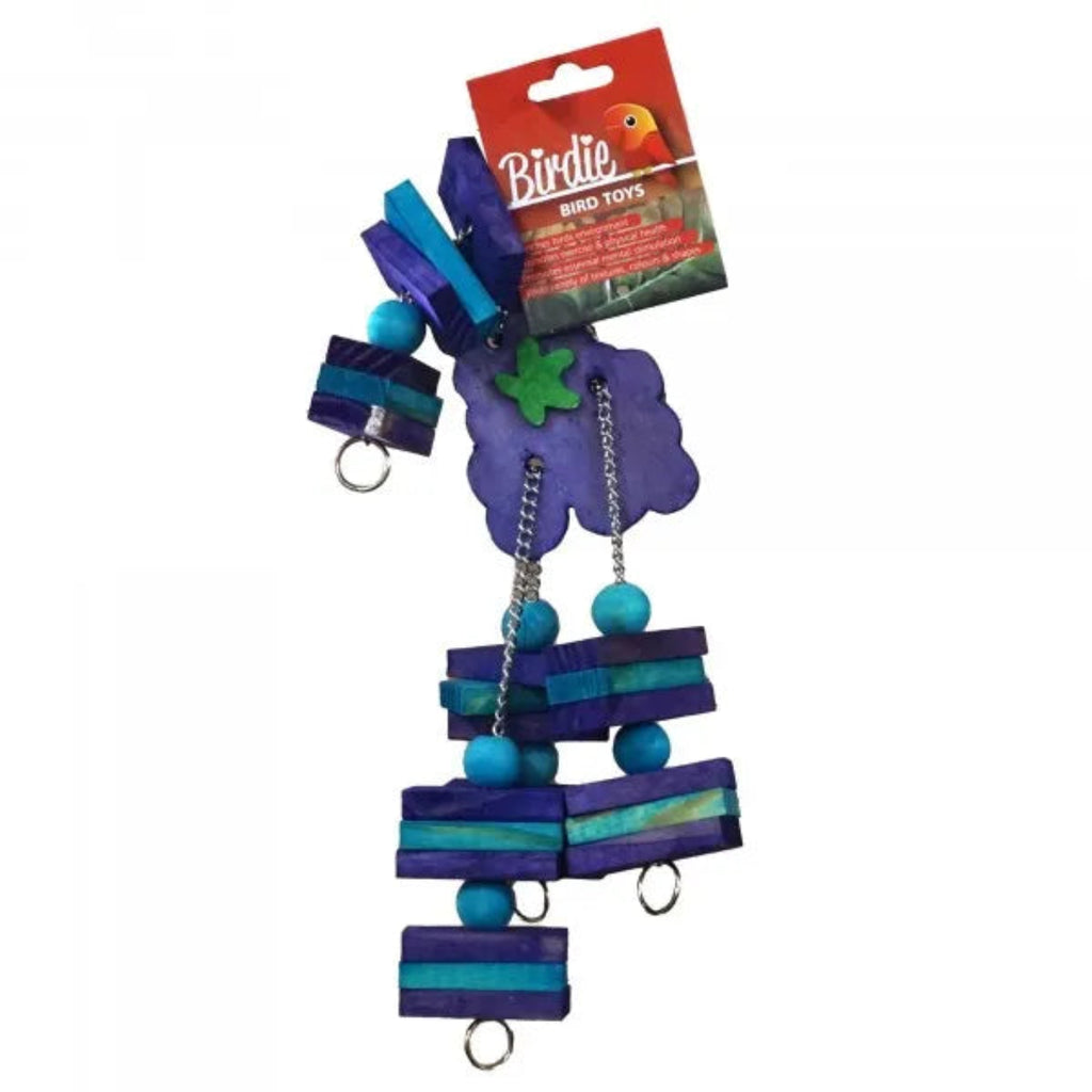 Birdie Blueberry Pile hanging bird toy with wood blocks and beads