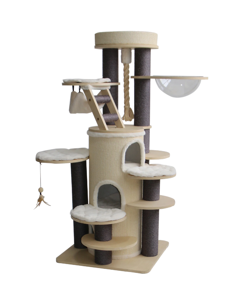 Bono Fido Worthwood luxury solid wood cat castle 70x70x160cm with multiple levels, cat condos, plush resting areas and sisal scratching pillars