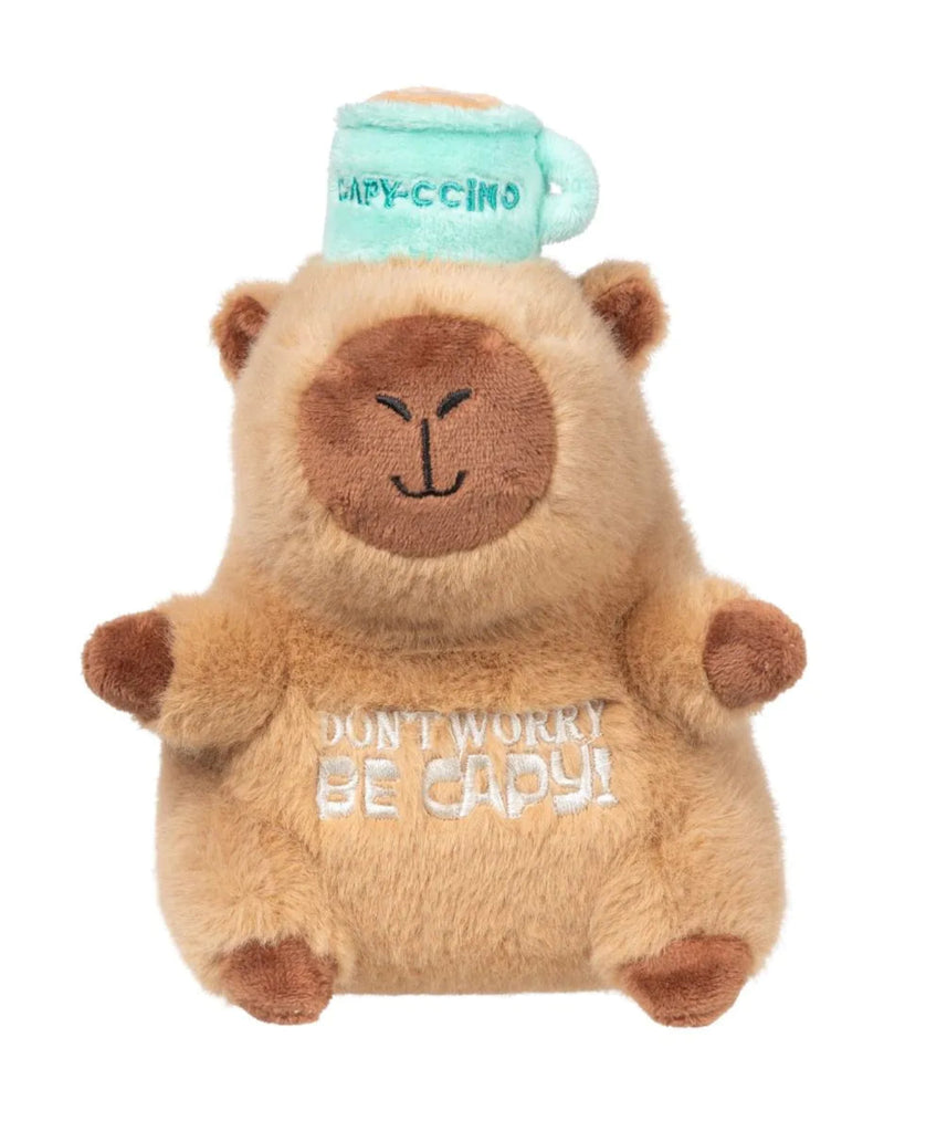 FuzzYard Capy-ccino plush squeaky dog toy featuring a capybara design with coffee-inspired hat