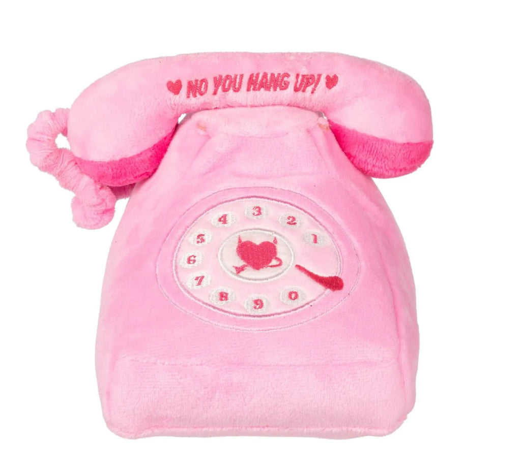 FuzzYard You Hang Up Landline pink plush squeaky dog toy with retro rotary telephone design