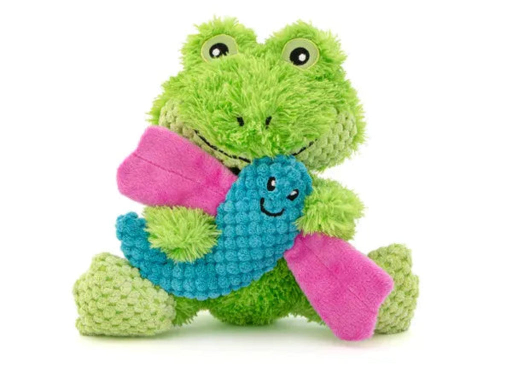 Guru Loveys Frog 2-in-1 plush dog toy – removable velcro squeaker crinkle multi-texture soft cuddly interactive puzzle play dog toy