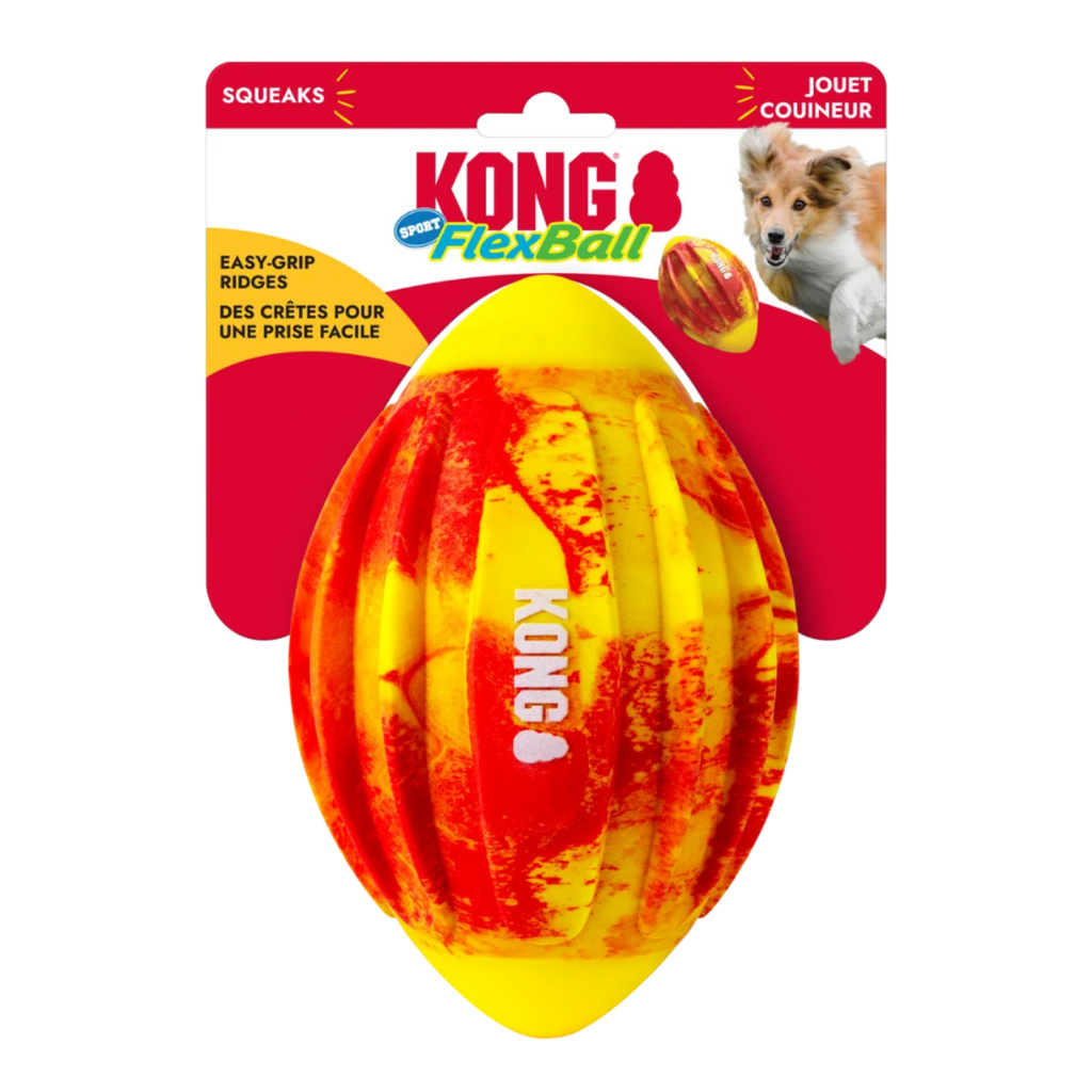KONG FlexBall Sport Football dog toy – durable swirled material dynamic bounce built-in squeaker deep grip ridges fetch toy for dogs