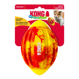 KONG FlexBall Sport Football dog toy – durable swirled material dynamic bounce built-in squeaker deep grip ridges fetch toy for dogs