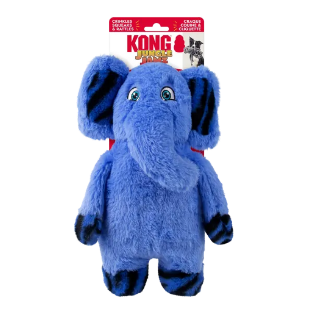 KONG Jungle Jamz Elephant plush squeaky dog toy with crinkle and rattle