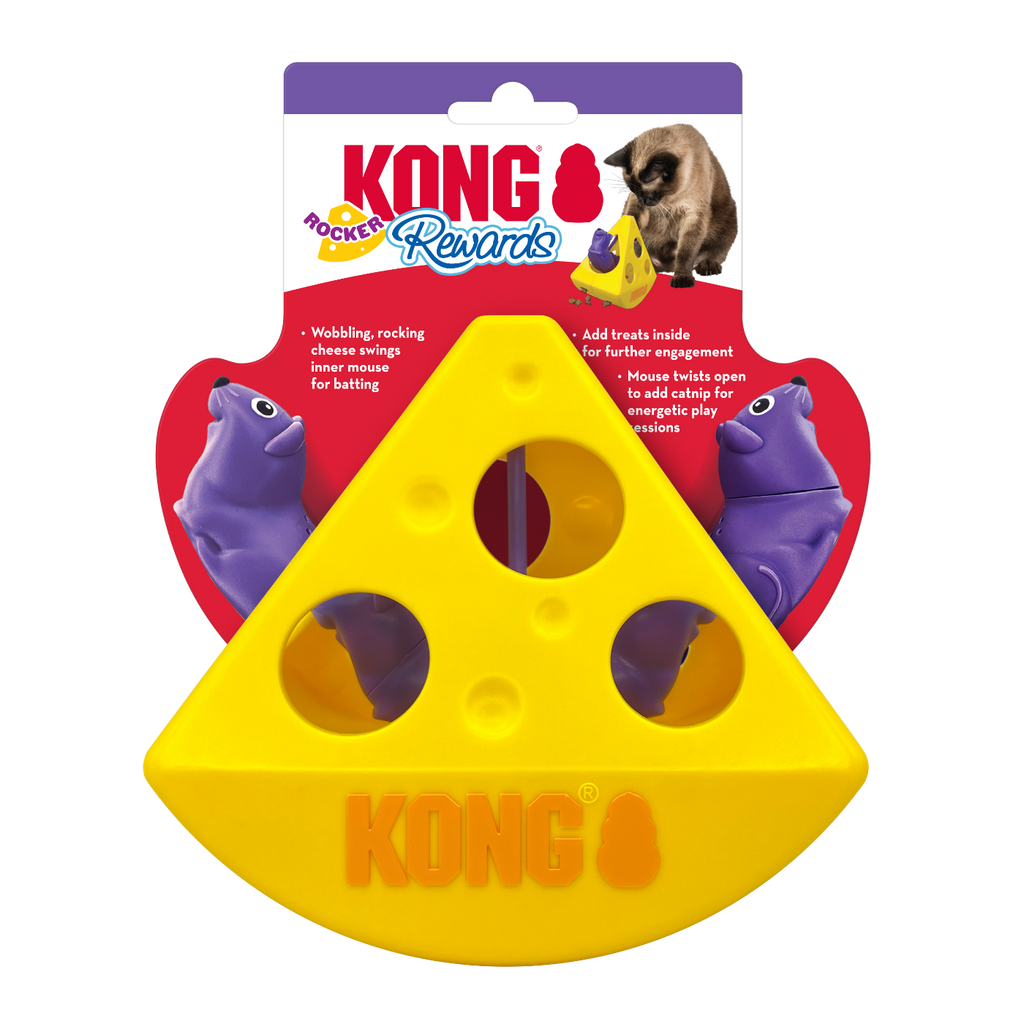 KONG Rewards Rocker Cheese interactive cat treat dispenser and puzzle feeder with swinging mouse