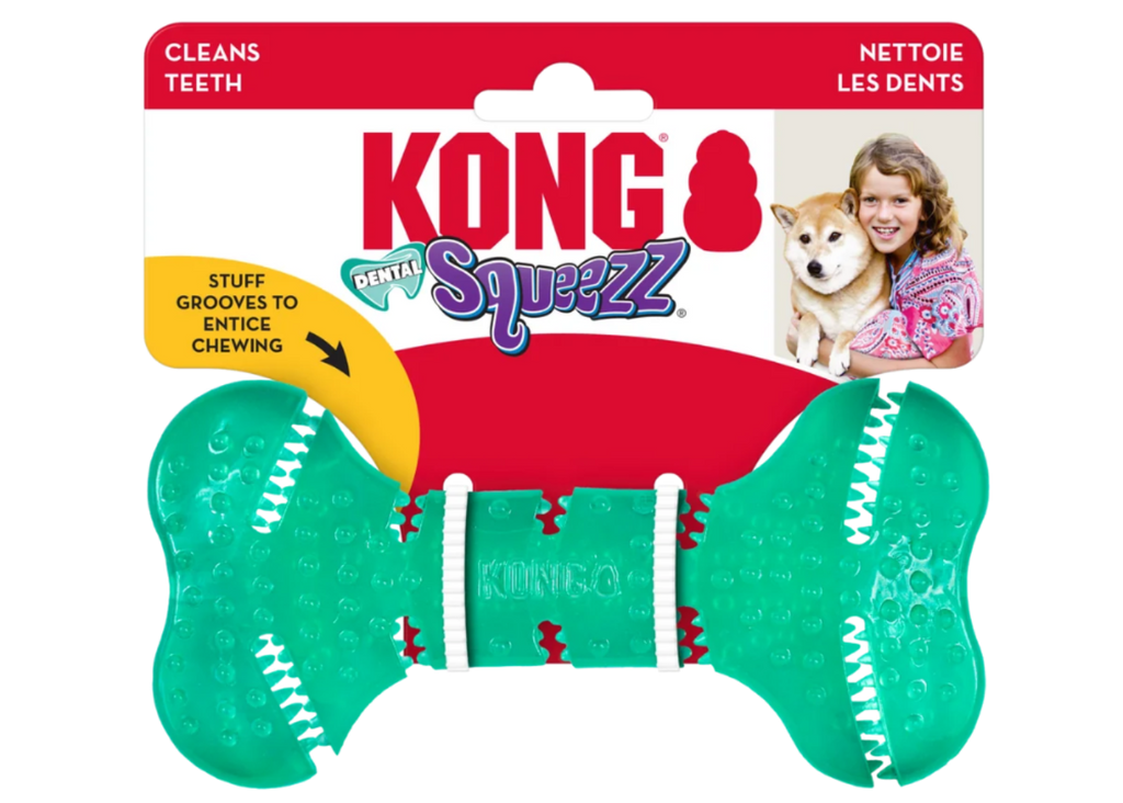 KONG Squeezz Dental Bone dog toy – flexible textured nub stuffable dental chew toy for gentle and mild chewing dogs