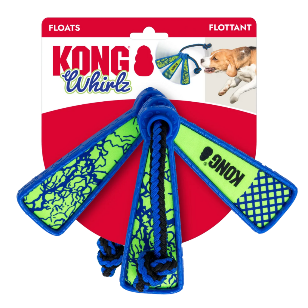 KONG Whirlz Rope dog toy medium large – three spinning helicopter wings on long rope squeak-free floating fetch and tug toy for medium and large dogs