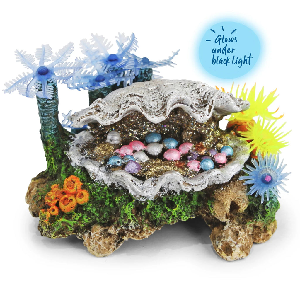 Kazoo Clam with Soft Coral and Crab aquarium ornament 7.5x7.5x11.5cm with colourful hand-painted design and weighted base