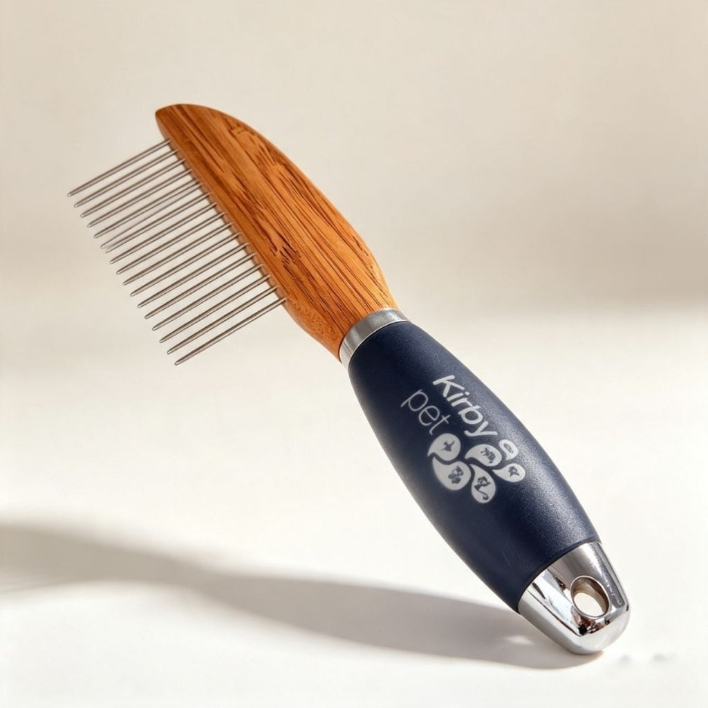 Kirby 16 pin rotating comb for dogs and cats – wide-spaced detangling grooming comb with wooden-look spine and ergonomic navy handle