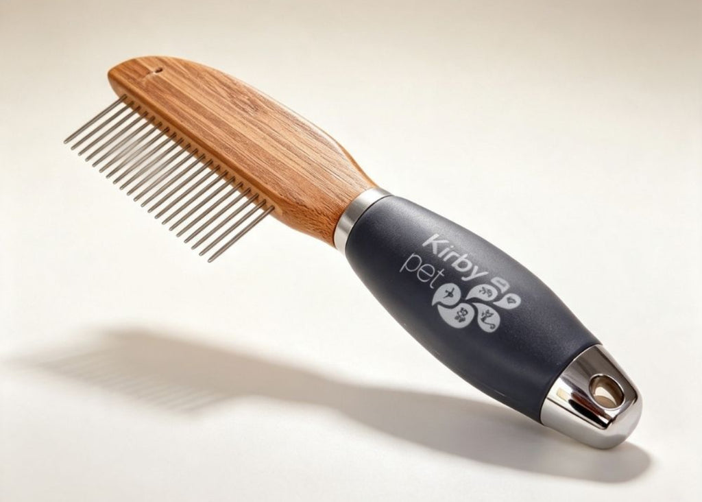 Kirby 21 pin rotating comb for dogs and cats – gentle detangling grooming comb with wooden-look spine and ergonomic navy handle