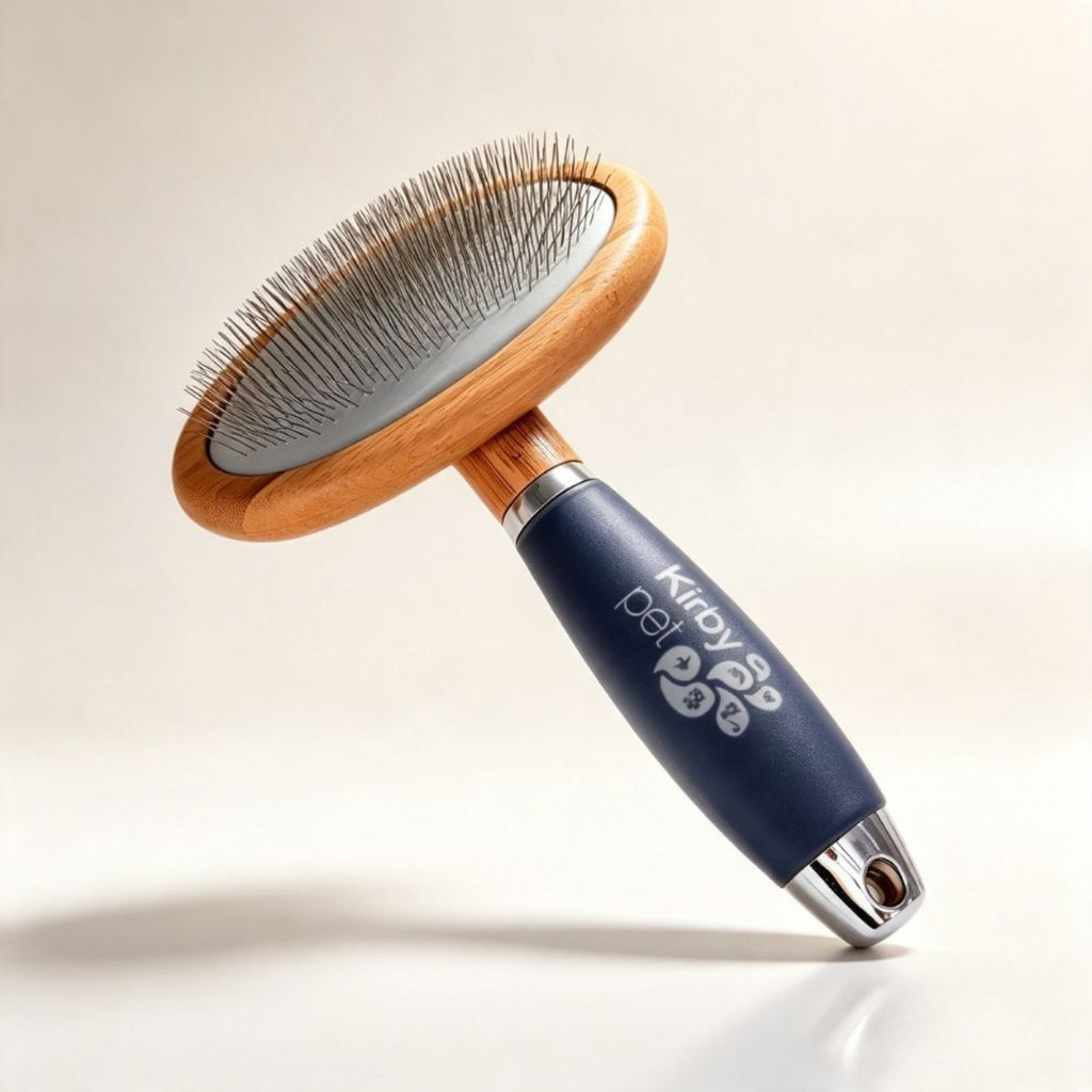 Kirby slicker brush for dogs and cats – fine wire bristle grooming brush with ergonomic navy handle for removing loose hair and tangles
