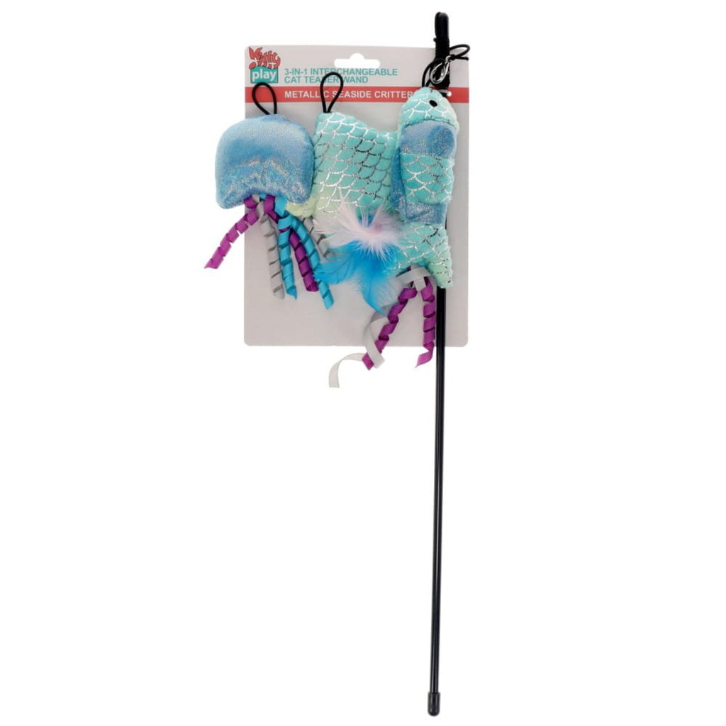 Kitty Play 3-in-1 Metallic Sparkle Seaside Critters cat teaser wand with fish jellyfish and star attachments