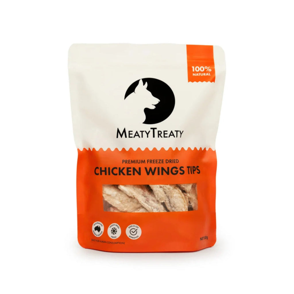 Meaty Treaty Freeze Dried Chicken Wing Tips – single ingredient 78% protein natural glucosamine Australian freeze dried treat for dogs and cats