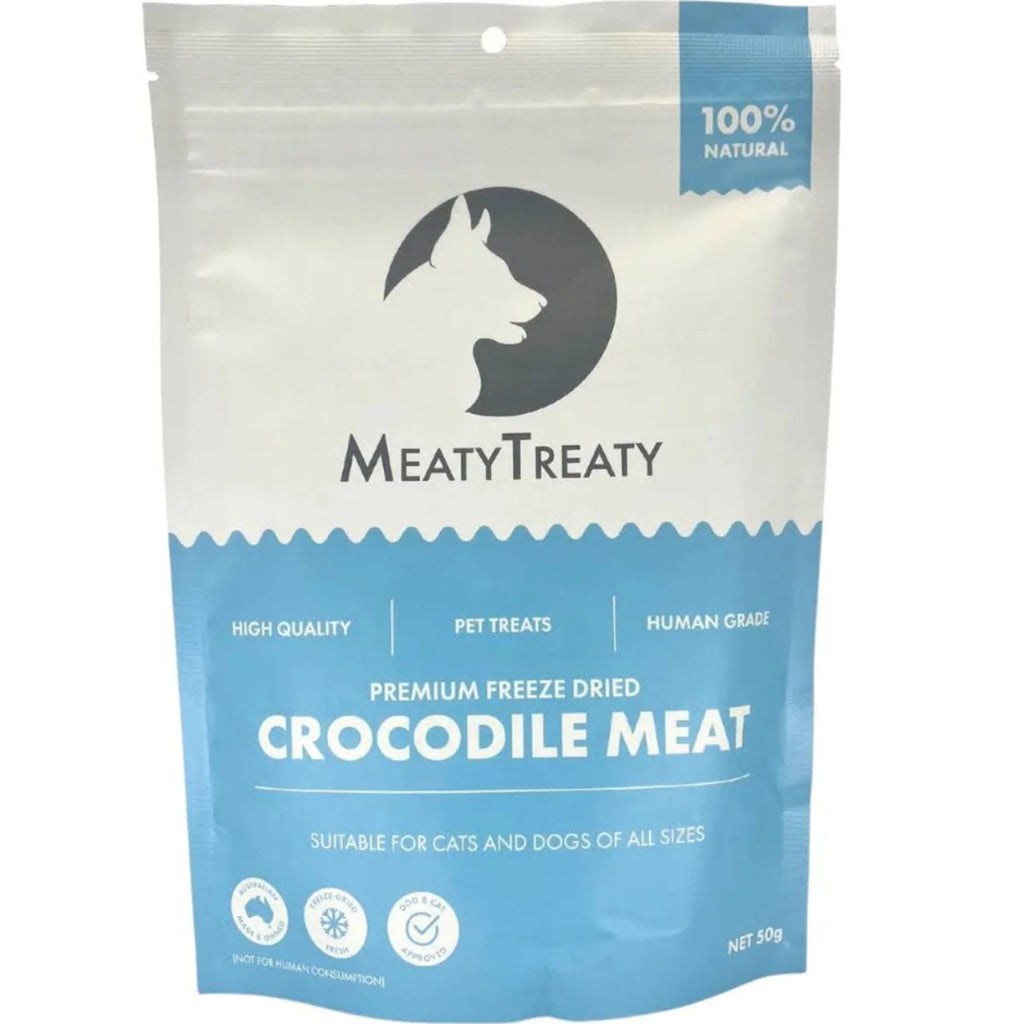 Meaty Treaty Freeze Dried Crocodile Treats 70g – single ingredient 86% protein novel protein Australian made freeze dried superfood treat for dogs and cats