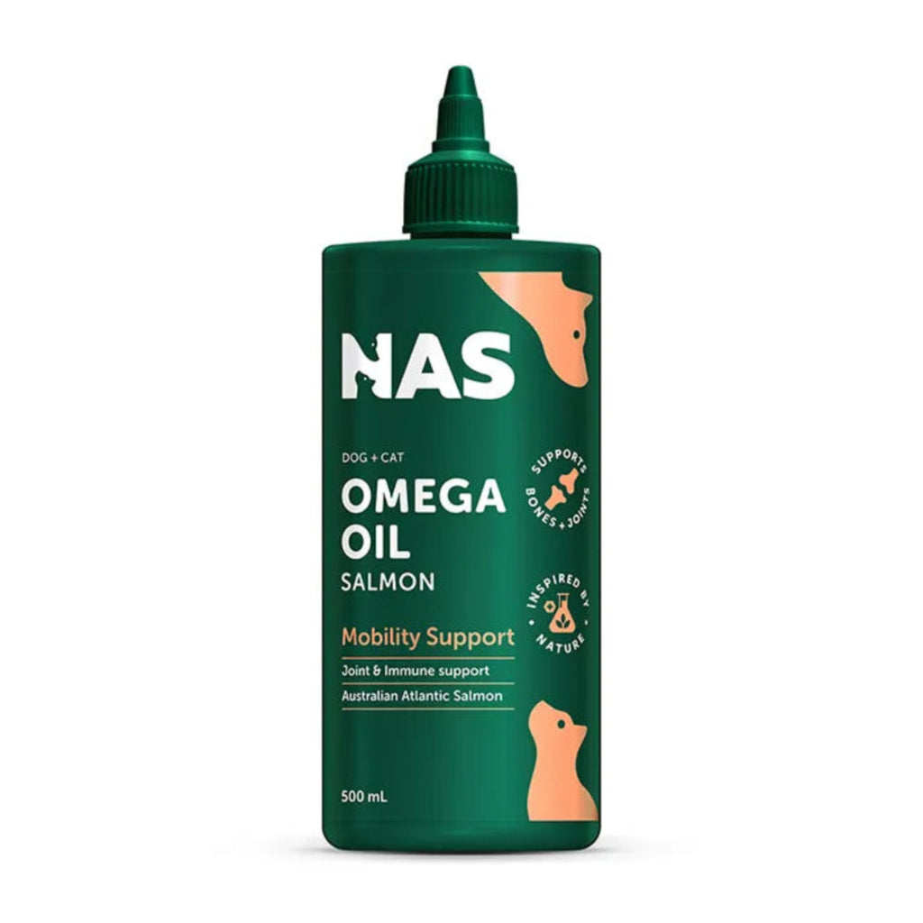 Natural Animal Solutions Omega Oil Salmon for dogs and cats made from Tasmanian salmon oil rich in Omega 3 EPA and DHA for skin coat and mobility support