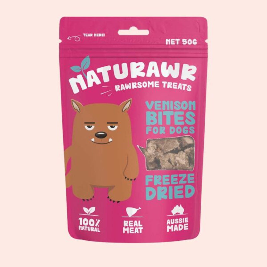 Naturawr Venison Bites Freeze Dried Dog Treats 50g – single ingredient Australian freeze dried venison bite-sized dog treat no additives
