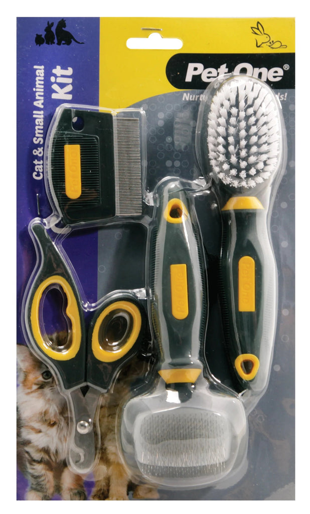 Pet One Cat and Small Animal Grooming Kit with slicker brush, bristle brush, flea comb and nail clippers