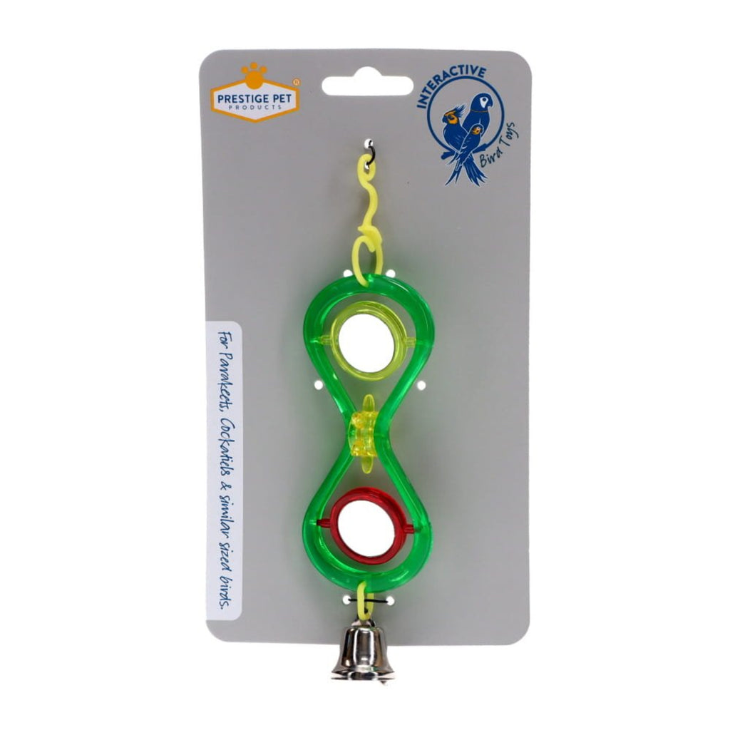 Prestige Pet Hourglass Hanging Mirror interactive bird toy – translucent multi-coloured hourglass with double mirrors and bell for parakeets and cockatiels