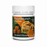ReptiMunch ReptiGel Grubs'n'Greens omnivore reptile gel food tub with gel cubes and bearded dragon on the label