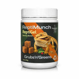 ReptiMunch ReptiGel Grubs'n'Greens omnivore reptile gel food tub with gel cubes and bearded dragon on the label