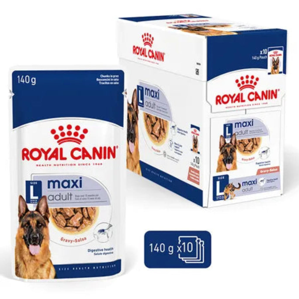Royal Canin Maxi Adult wet dog food chunks in gravy for large breed dogs 140g x 10