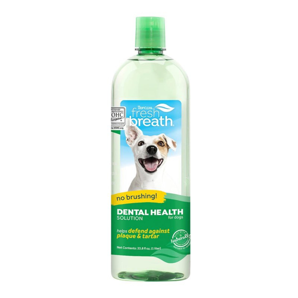 TropiClean Fresh Breath dental health solution water additive for dogs bottle