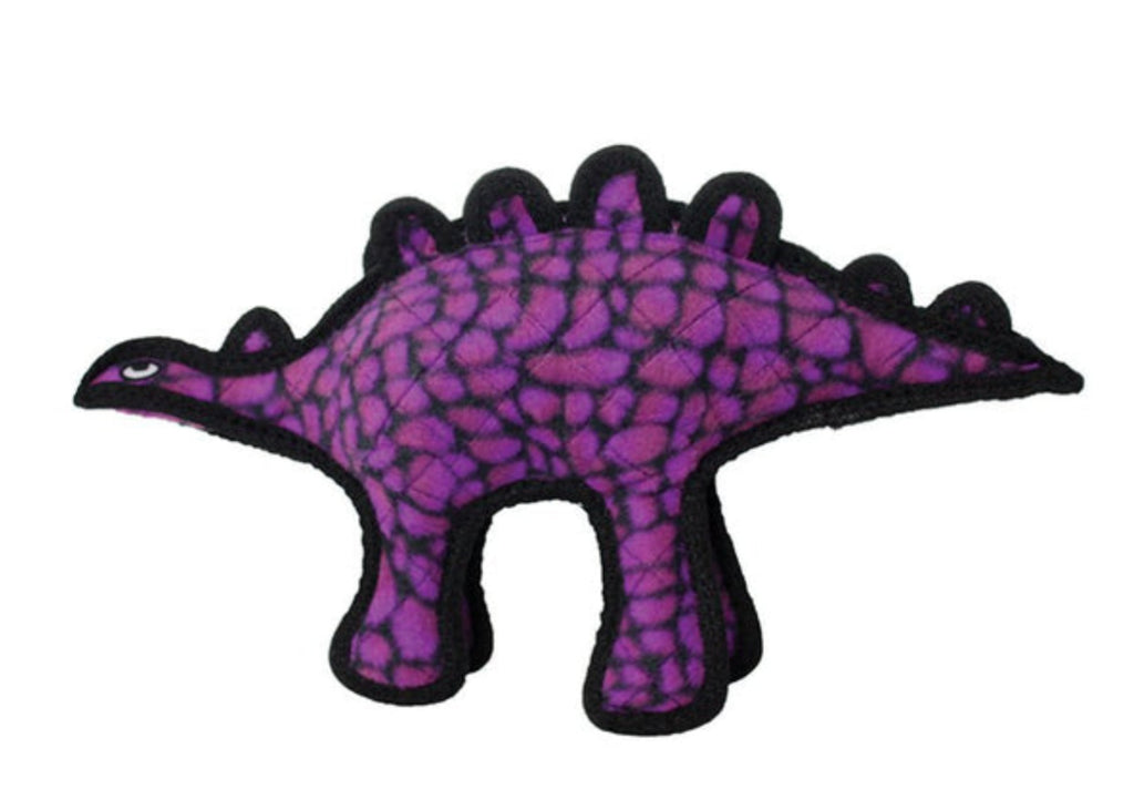 Tuffy Dinosaur Stegosaurus durable plush dog toy – multi-layer construction safe squeaker pouches machine washable floats available in regular and junior sizes for small medium and large dogs