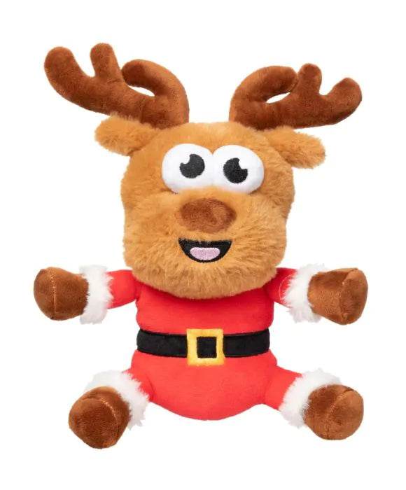 Plush reindeer toy wearing a Santa outfit on a white background
