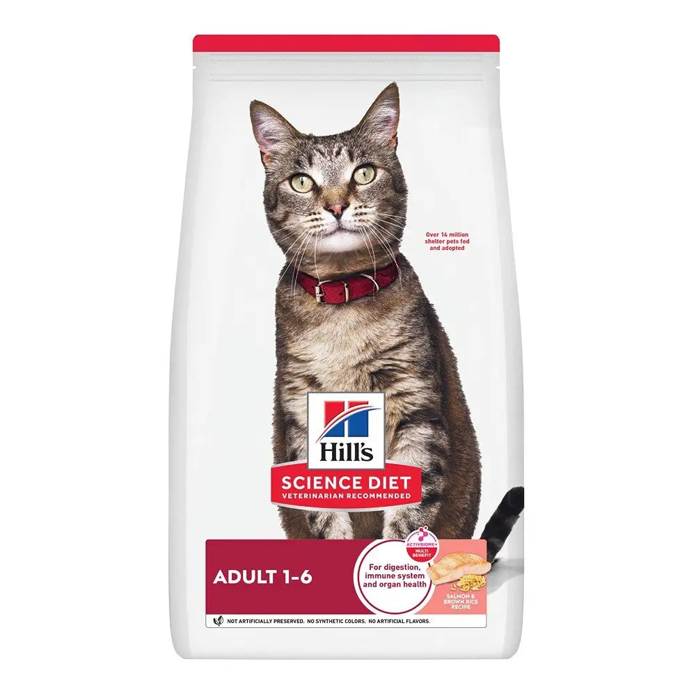 Bag of Hills Science Diet cat food with a cat on the label against a white background