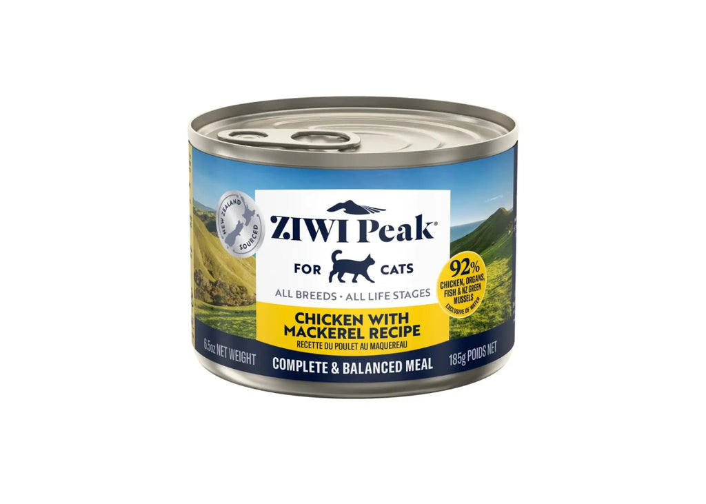 ZIWI Peak Chicken and Mackerel wet cat food can – 92% PeakPrey recipe with NZ green mussels and Z-BOOST superfoods for all life stages in 85g and 185g