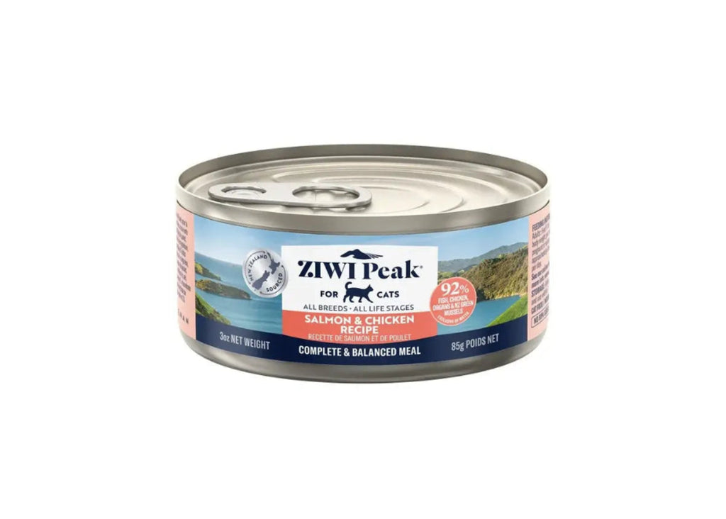 ZIWI Peak Salmon and Chicken wet cat food can – grain-free high-moisture recipe with NZ green mussel for all life stages in 85g and 185g
