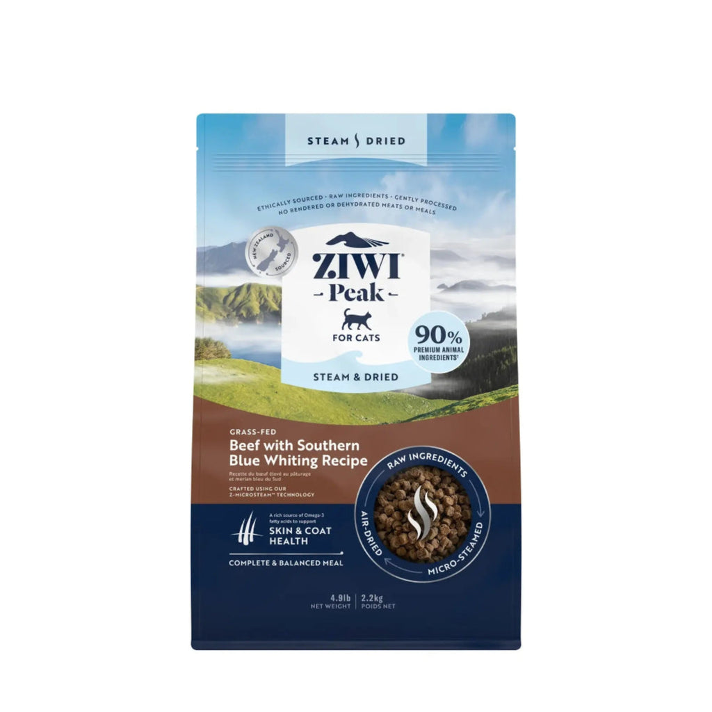 ZIWI Peak Steam and Dried Beef with Southern Blue Whiting dry cat food 800g – high-meat Z-MicroSteam recipe with grass-fed beef and fish for all life stages