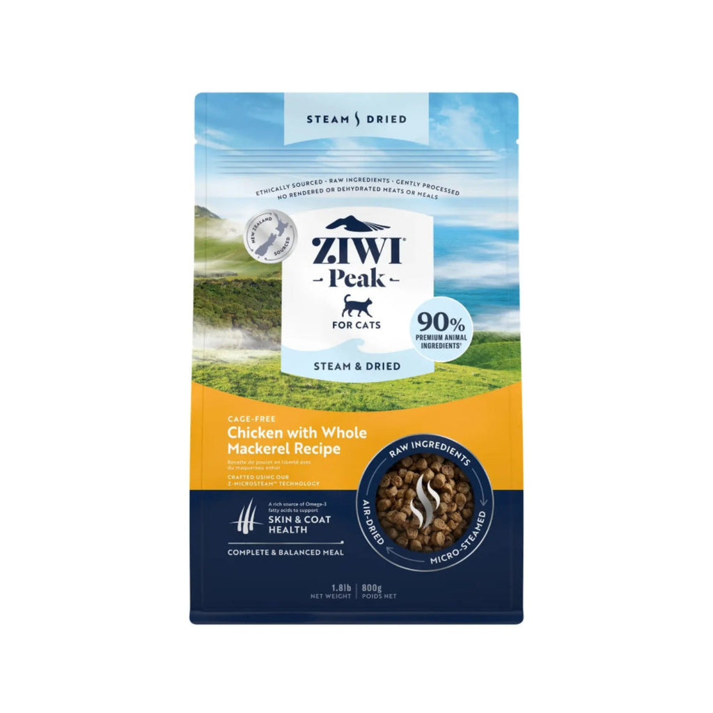 ZIWI Peak Steam and Dried Chicken with Whole Mackerel dry cat food 800g – high-meat Z-MicroSteam recipe with cage-free chicken and wild-caught mackerel for all life stages