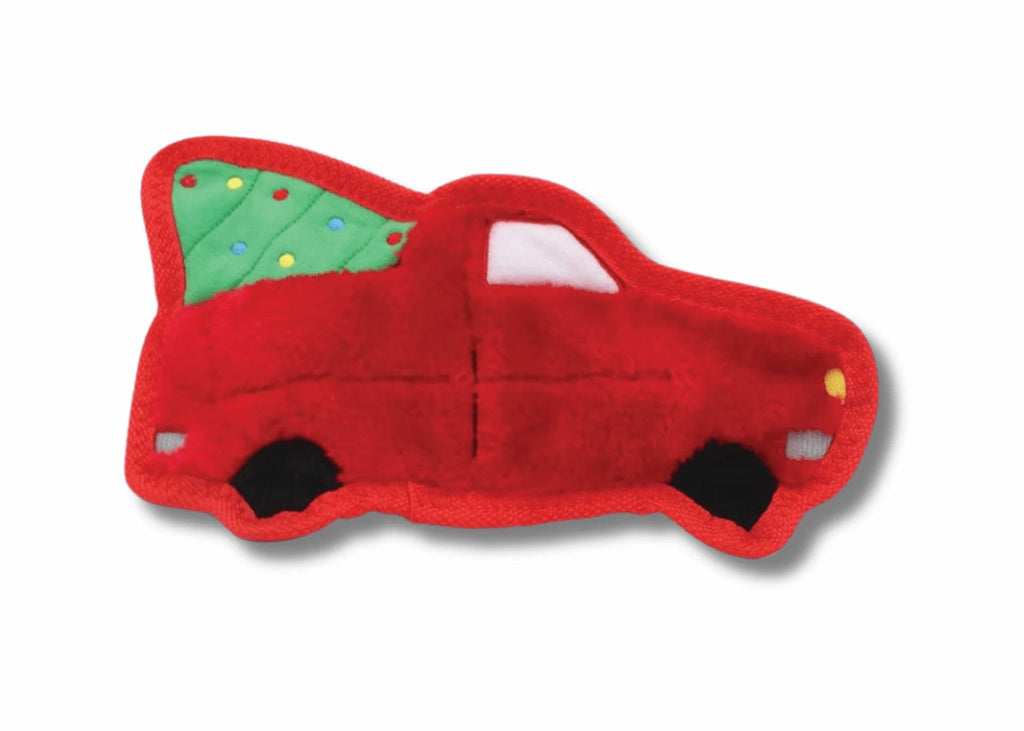 ZippyPaws Holiday Flatty Xmas Ute flat plush squeaky dog toy 31.5x19.5x3.5cm – no-stuffing Christmas ute with tree and two squeakers for medium to large dogs