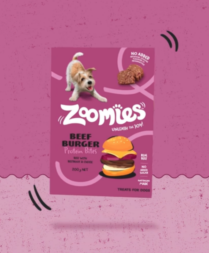 Zoomies Burger Beef dog treats with 44% beef beetroot and cheese