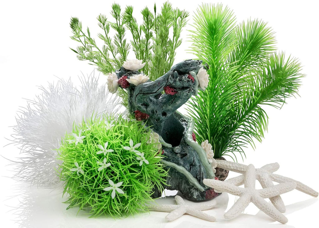 biOrb Flower Garden Décor Set 15L with green flower trunk sculpture artificial aquarium plants white sea lily daisies and starfish