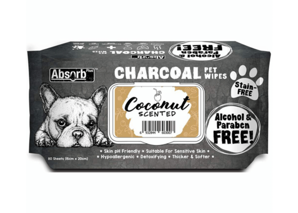 Absorb Plus Charcoal Pet Wipes Coconut 80 sheets 20x15cm – pH balanced hypoallergenic antibacterial grooming wipes for dogs and cats