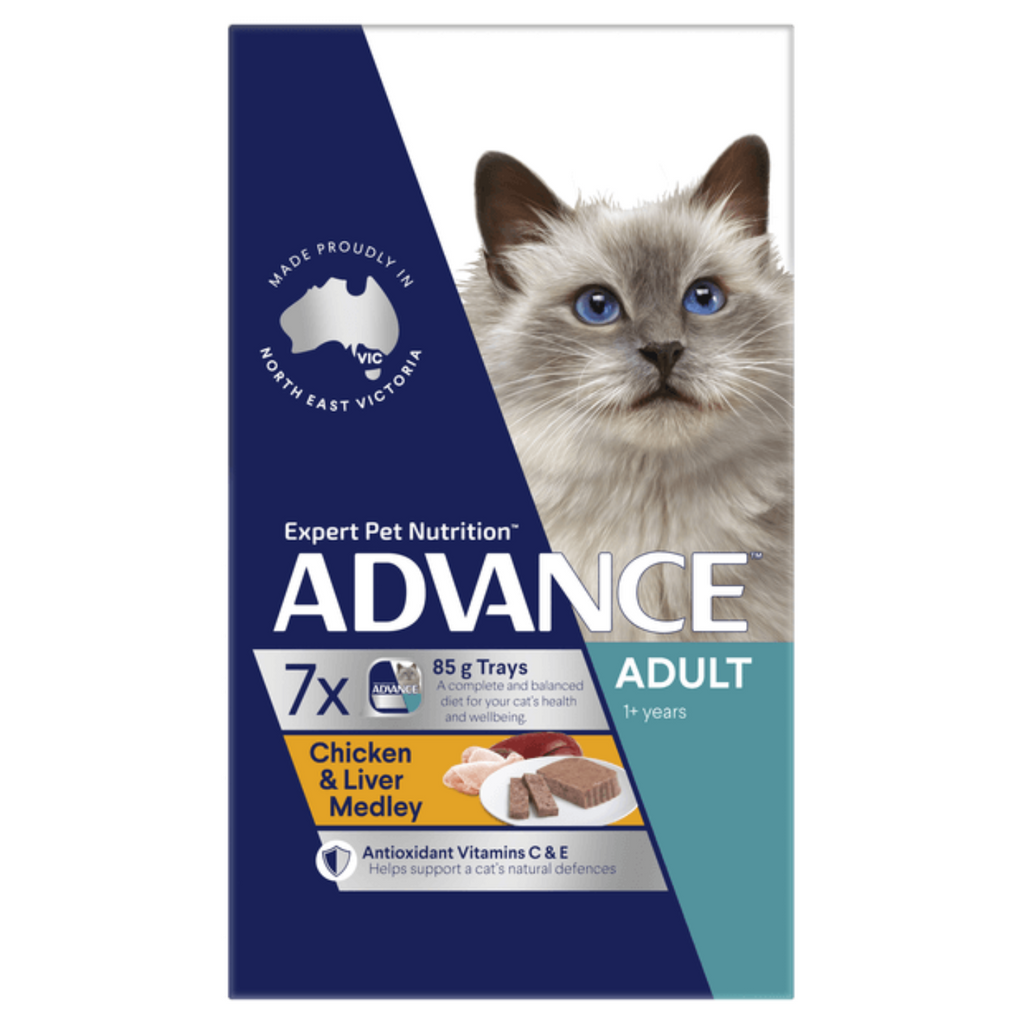Advance Adult Cat Chicken and Liver Wet Food Trays – Australian-made complete and balanced wet cat food for adult cats available in 85g and 7x85g