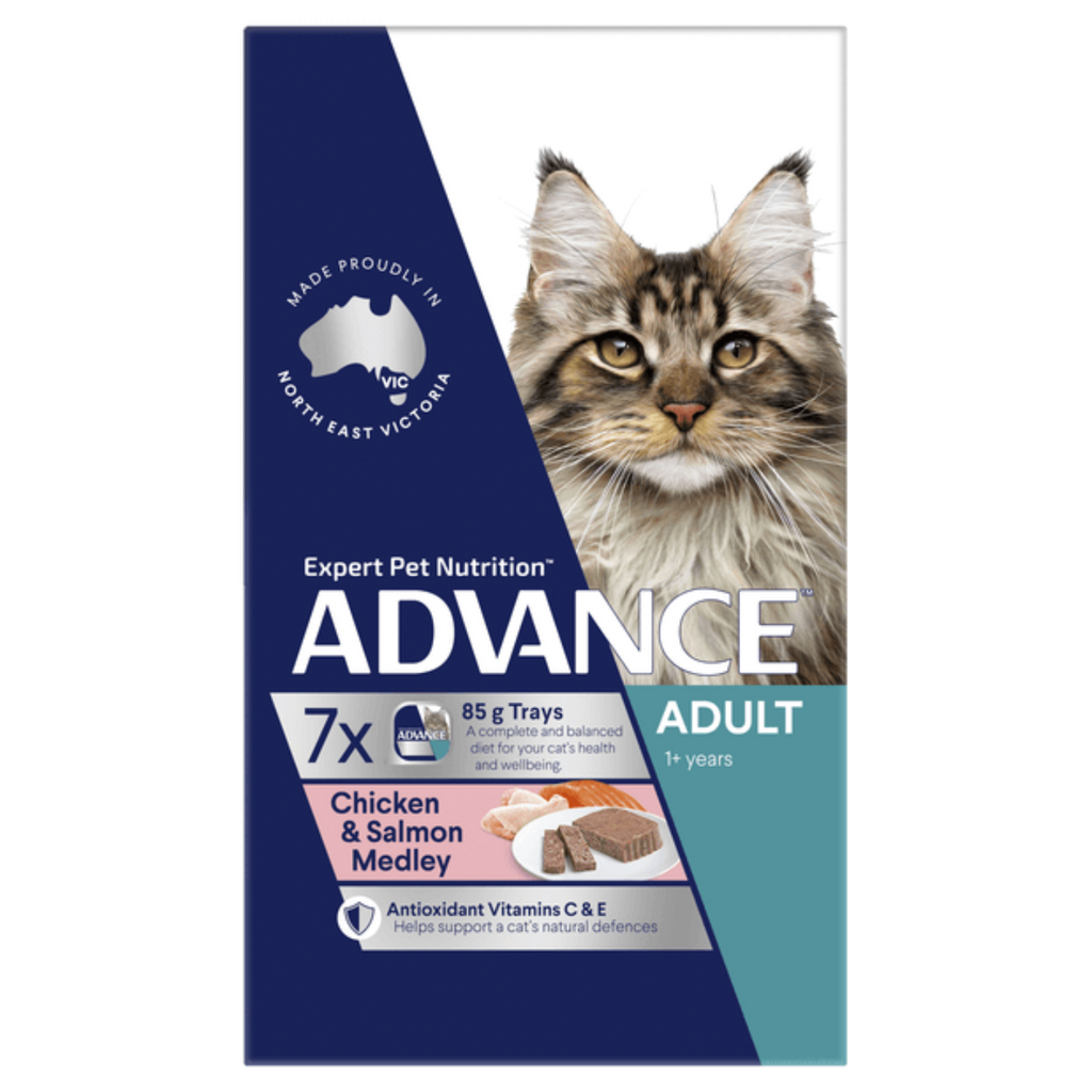 Advance Adult Cat Chicken and Salmon Wet Food Trays – Australian-made complete and balanced wet cat food for adult cats available in 85g and 7x85g